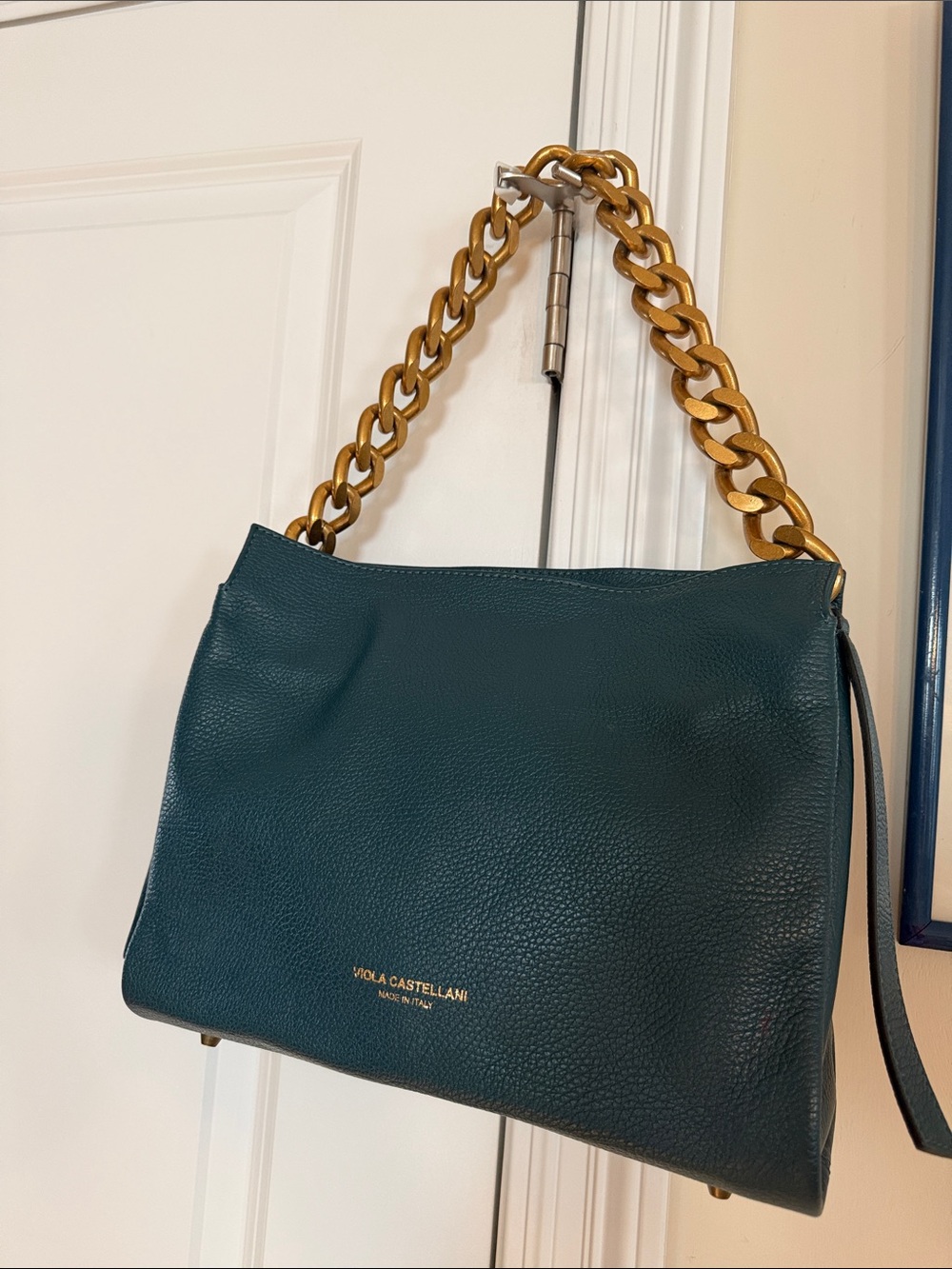 Viola Castellani Teal Leather Shoulder Bag with Gold Chain